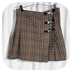 Brown Plaid Mini Skirt with Silver Buckle accents 30” waist